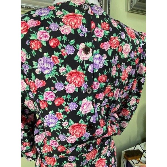 Vintage Karin Stevens Sz 10 Floral Modest Belted Midi Dress Cottagecore Prairie - Picture 7 of 13